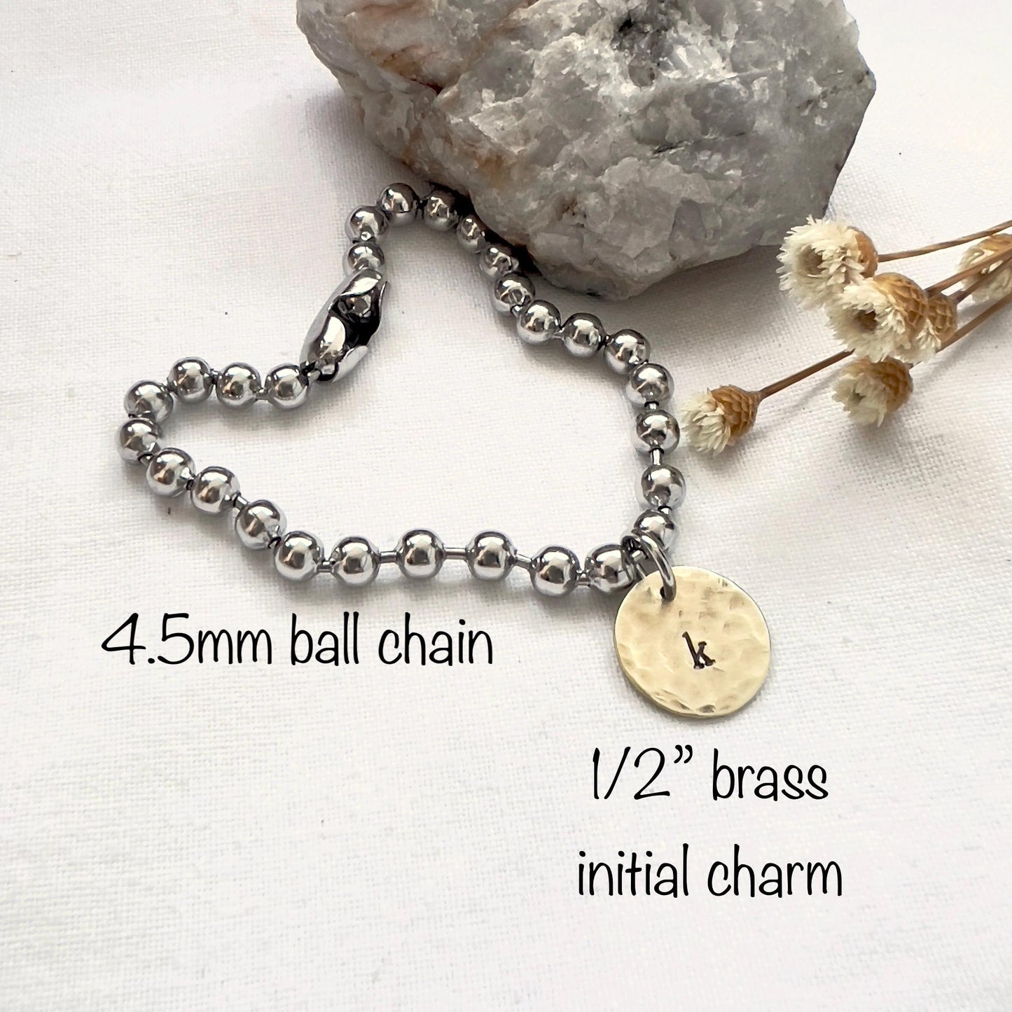 Hand Stamped Initial Bracelet: Stainless Steel Ball Chain, Hammered Brass Charm