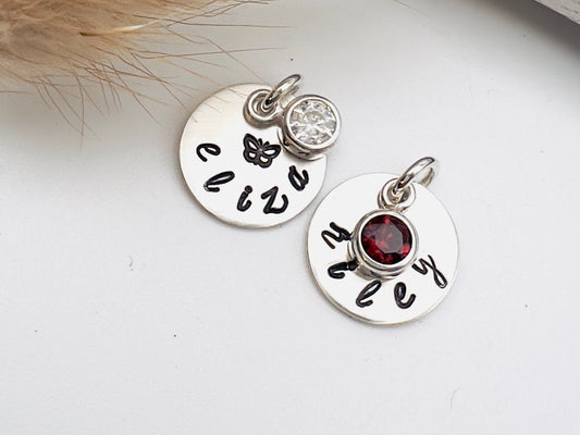 Personalized Name Charm with Birthstone | Hand Stamped Sterling Silver