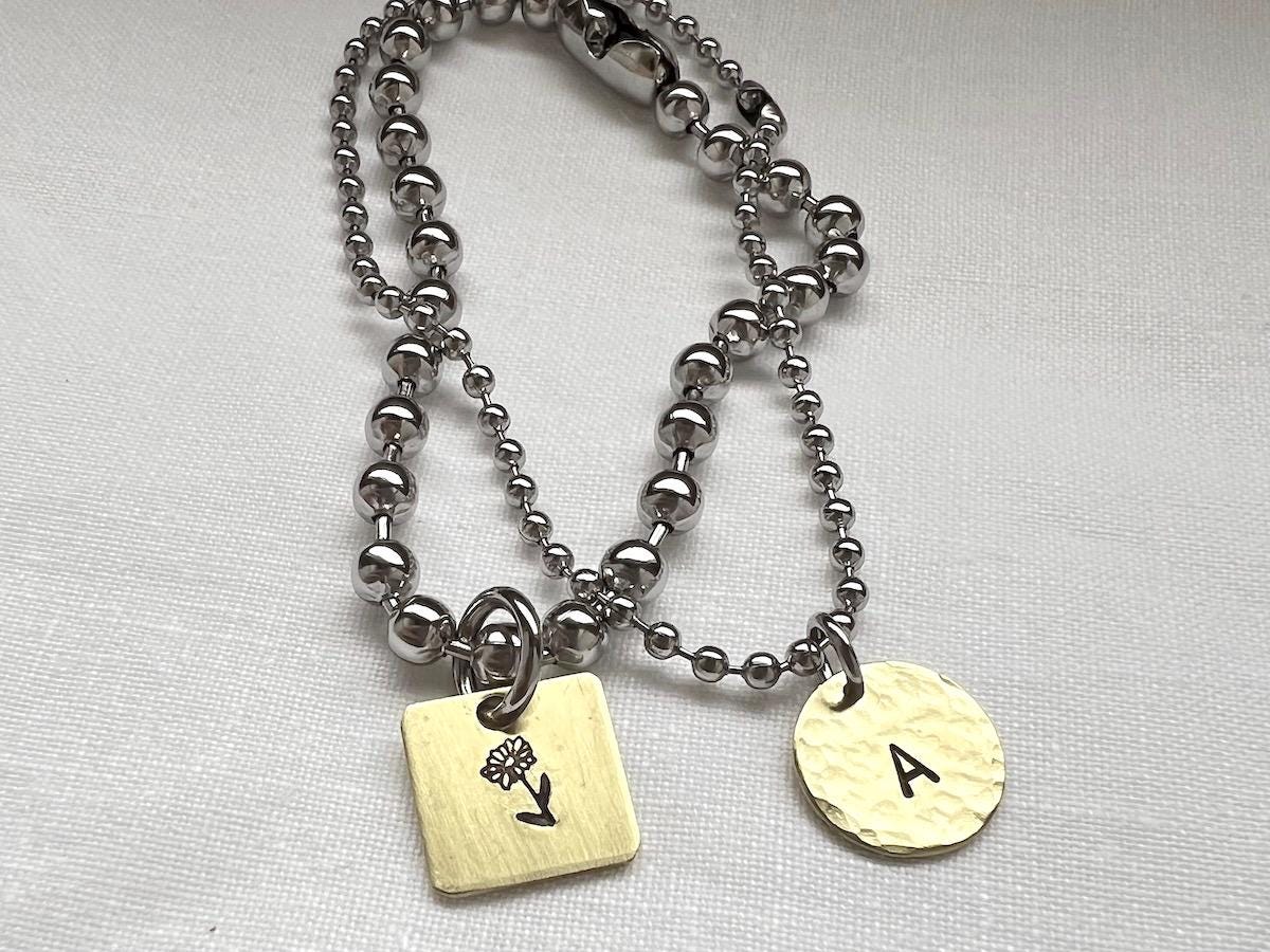 Chunky Ball Chain Bracelet Set with Personalized Hand Stamped Brass Initial Charm and Heart Charm | Layering Bracelet | Personalized Jewelry