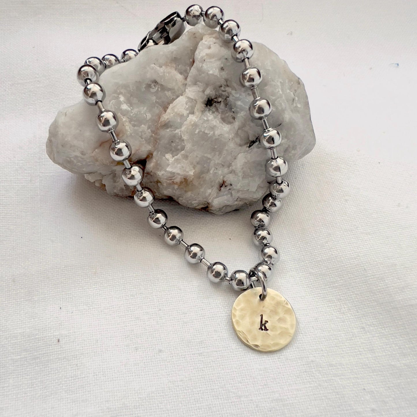 Hand Stamped Initial Bracelet: Stainless Steel Ball Chain, Hammered Brass Charm
