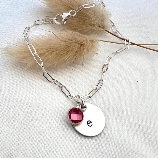 Sterling Silver Initial Birthstone Bracelet | Personalized Charm Bracelet | Paperclip Bracelet | Custom Gift for Her
