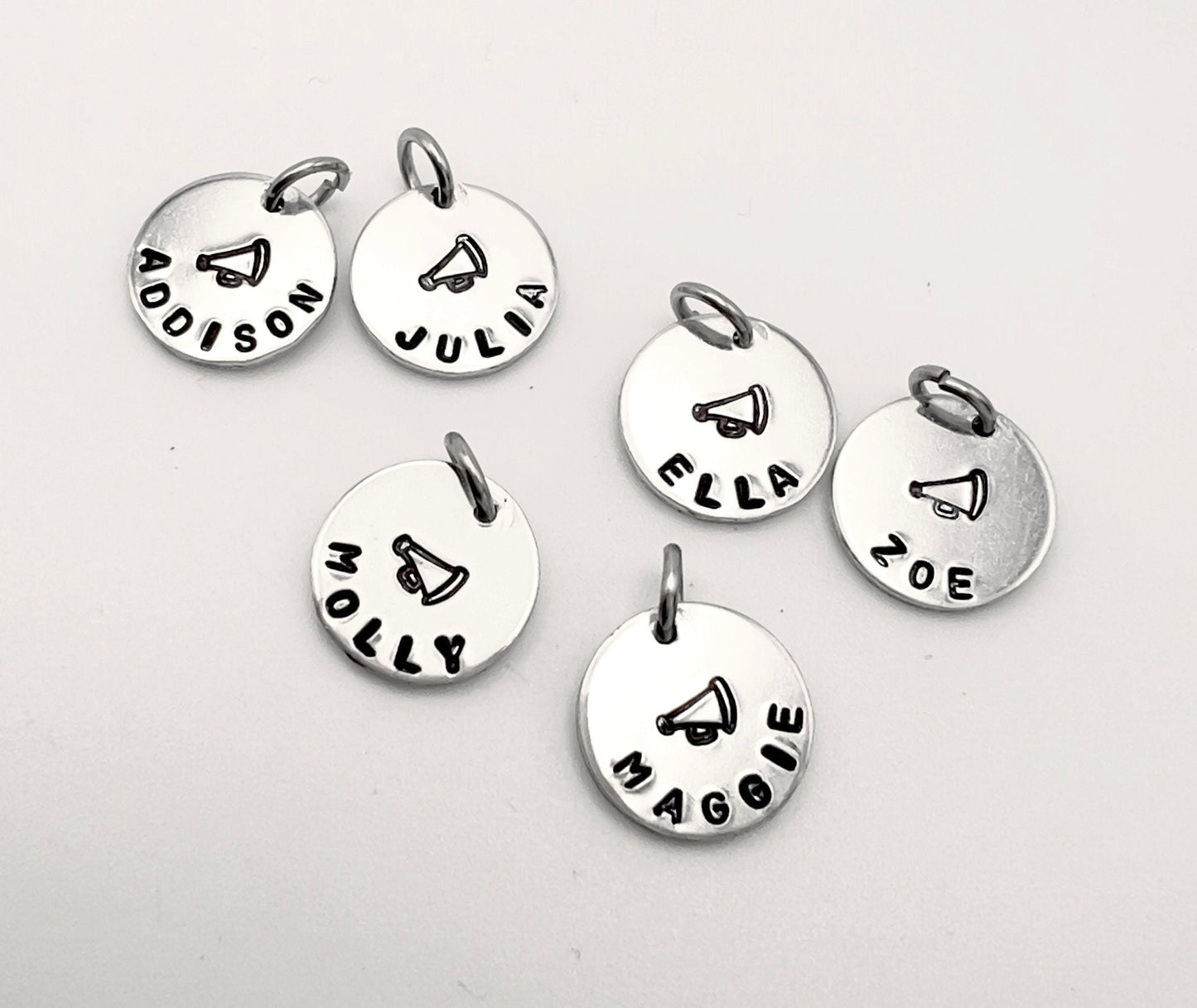 Cheerleader Charms | Cheer Team Gift |Personalized Gift | Hand Stamped Jewelry |Custom Name Charm | Cheer Team Gifts | Megaphone Charm