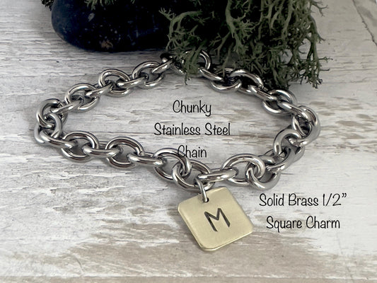 Chunky Charm Bracelet With Initial | Stainless Steel Chain Bracelet | Hand Stamped | Personalized Jewelry | Gift For Her