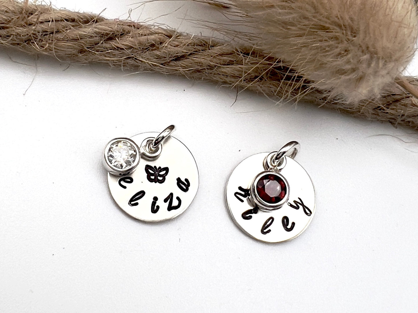 Personalized Name Charm with Birthstone | Hand Stamped Sterling Silver